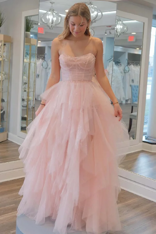 Must-Have Style Discounts Roycebridal Patsy | Strapless Light Pink Sequin Beaded Ruffle Tulle Prom Dress Y2K Nostalgic Fashion Look