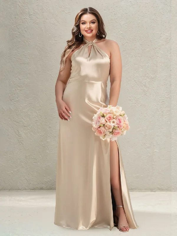 Valentine's Special Sheath/Column Halter Keyhole Plus Size Bridesmaid Dresses with Split Side Effortless Sophistication