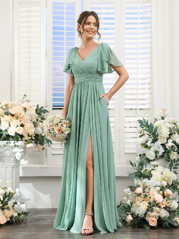 Special Offer For You A-Line V-Neck Short Sleeves Split Side Chiffon Bridesmaid Dresses with Pockets Huge Savings on Parisian Styles