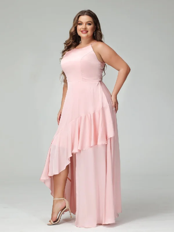 Massive Savings A-Line/Princess Spaghetti Straps Sleeveless Ruffles Asymmetrical Plus Size Bridesmaid Dresses Minimalist Office - Ready Style