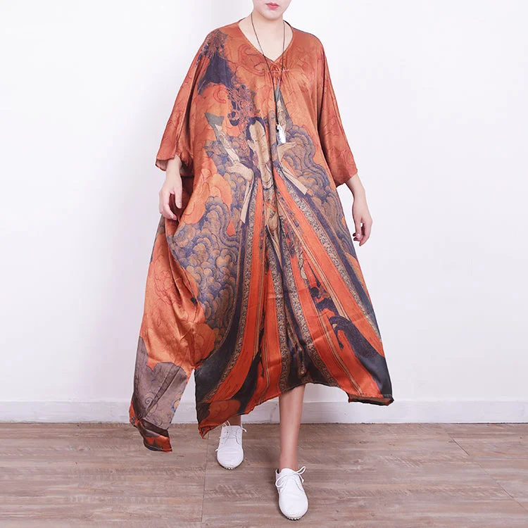 Insane Discount Onslaught fine orange Midi-length silk dress plus size casual dress 2018v neck prints silk dresses Elevated Style