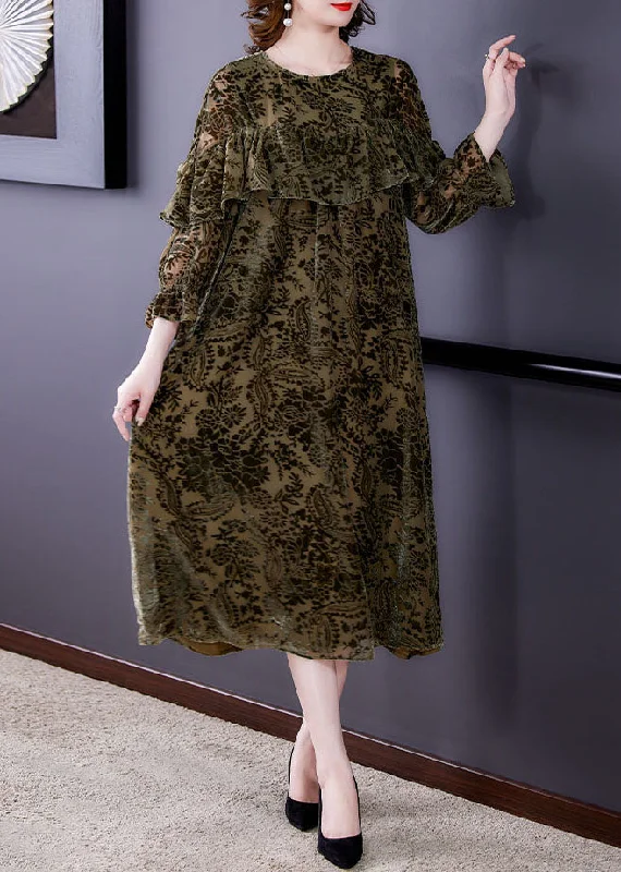 Explore What'S New Plus Size Green Velour Casual Dress Ruffled Spring Effortless Comfort