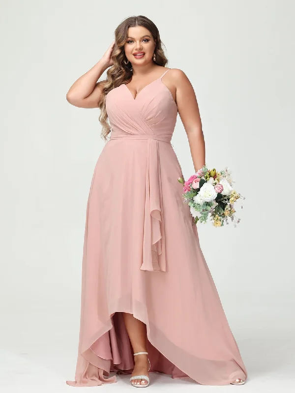 Spring Offer A-Line/Princess Spaghetti Straps Chiffon Ruffles Asymmetrical Plus Size Bridesmaid Dresses with Pockets Dreamy Draping