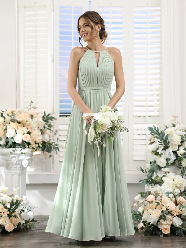 Discover Promotions A-Line Halter Sleeveless Split Side Ruched Floor-Length Chiffon Bridesmaid Dresses Last Chance Sale