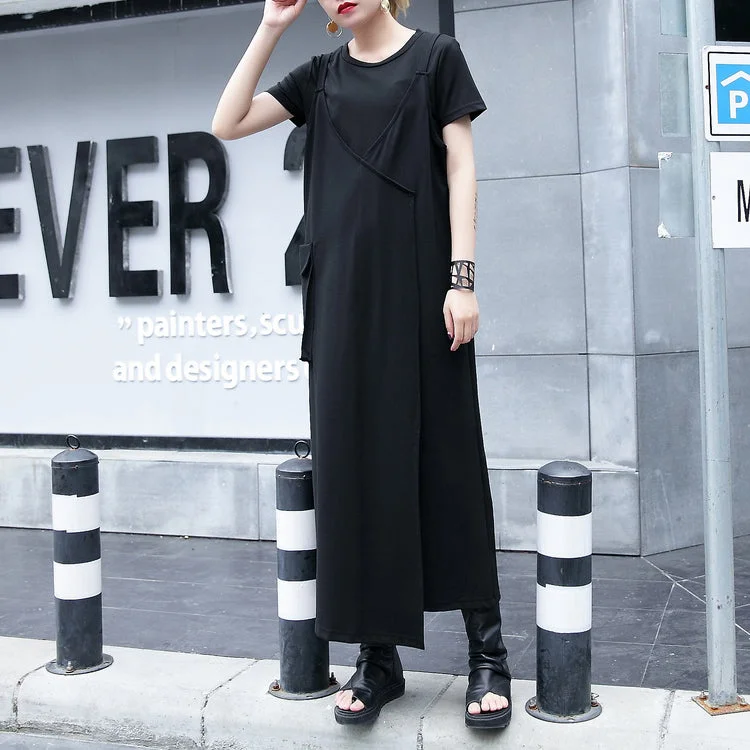 Season Offer baggy black natural cotton dress trendy plus size casual dress vintage one side long hem sleeveless cotton clothing dress Soft Textures