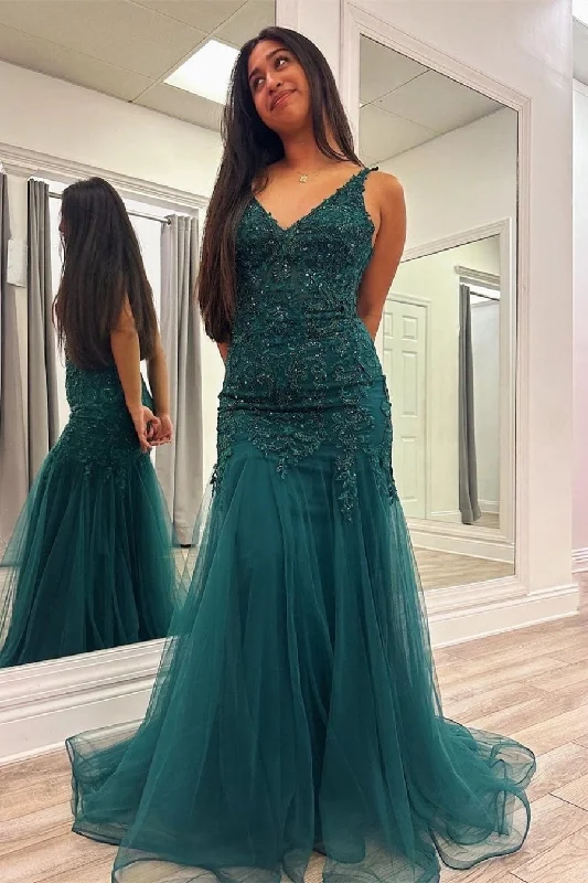 Vintage-Inspired Style Offers Roycebridal Kali |Peacock Mermaid V-Neck Appliques Tulle Long Prom Dress Save on Classic Elegant Styles