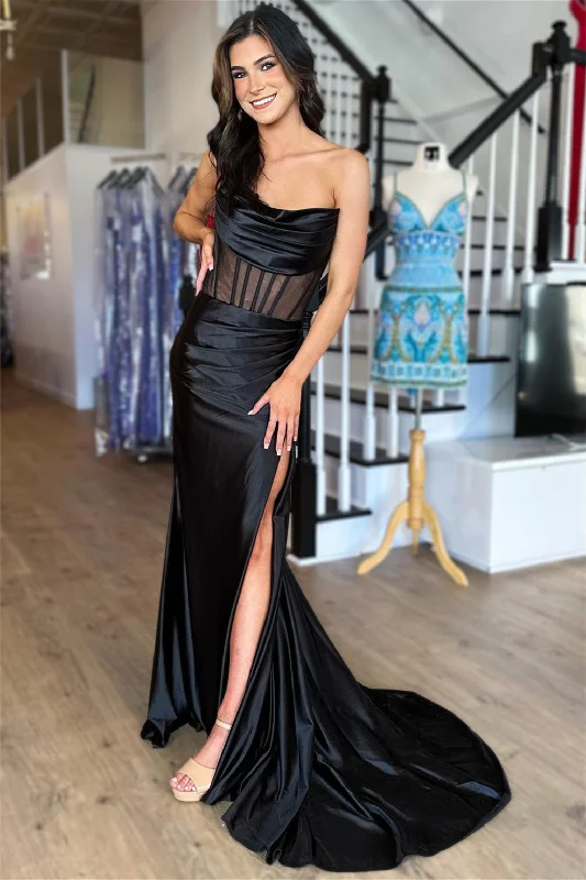 Seasonal Trends Roycebridal Strapless Pleated Boning Sheer Long Prom Dress with Slit Vintage Retro Party Wear