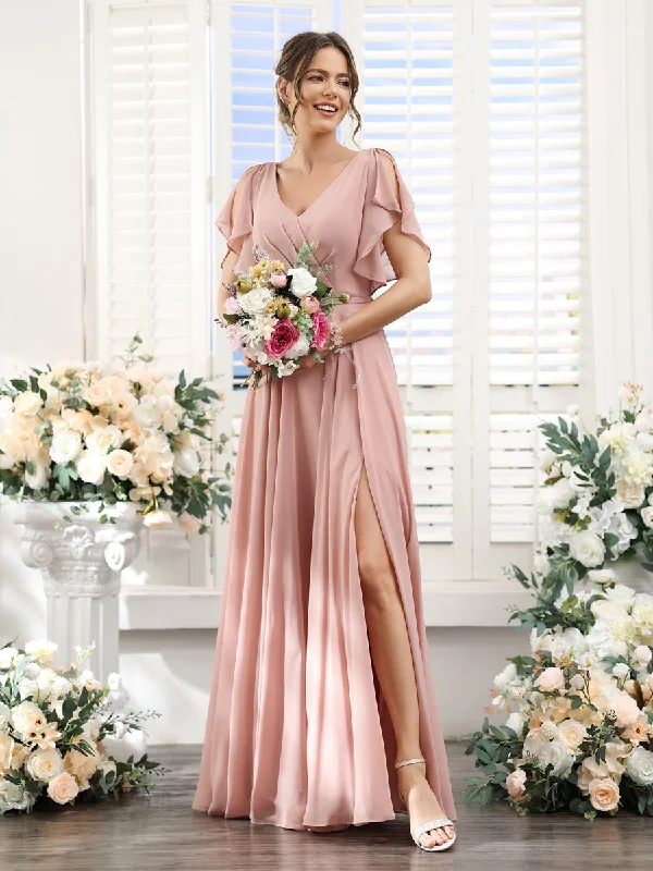 The Good Stuff A-Line V-Neck Short Sleeves Split Side Floor-Length Chiffon Bridesmaid Dresses Mid - Season Sale