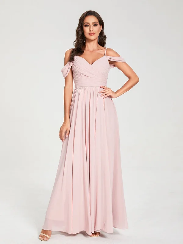 New Arrivals A-Line/Princess Chiffon Spaghetti Straps Off-the-Shoulder Sleeveless Floor-Length Split Side Bridesmaid Dresses Chic Allure