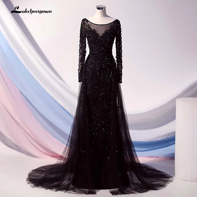 Daring Fashion Promotions Roycebridal Lakshmigown Elegant Black Long Sleeve Evening Dress O Neck Beaded Tulle Formal Women Evening Gowns Robe De Soiree Romantic Detailing