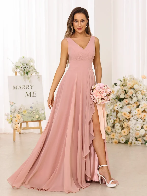 Must Haves A-Line/Princess V-Neck Split Side Long Bridesmaid Dresses with Pockets Graceful Movement