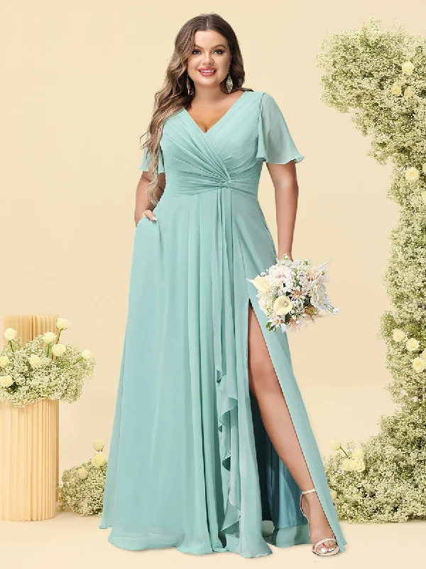 Style Revolution A-Line/Princess V-Neck Sleeveless Chiffon Plus Size Bridesmaid Dresses with Pockets Feminine Elegance