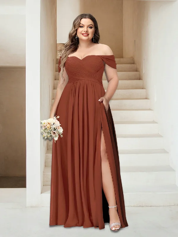 New Season Fashion Preview A-Line/Princess Off-the-Shoulder Sleeveless Chiffon Plus Size Bridesmaid Dresses with Pockets Father's Day Deals