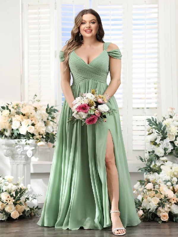 Unleash Your Fashion A-Line V-Neck Split Side Ruched Floor-Length Chiffon Plus Size Bridesmaid Dresses Flowy Fabric