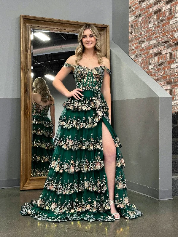 Fashion Frontiers Roycebridal Green Princess A Line Off the Shoulder Corset Prom Dress with Lace Ruffles Limited - Stock