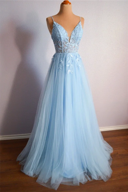 Sophisticated Fashion Roycebridal Cynthia | Light Blue V Neck Lace-Up Appliques Tulle Long Prom Dress Feminine Soft - Hued Look