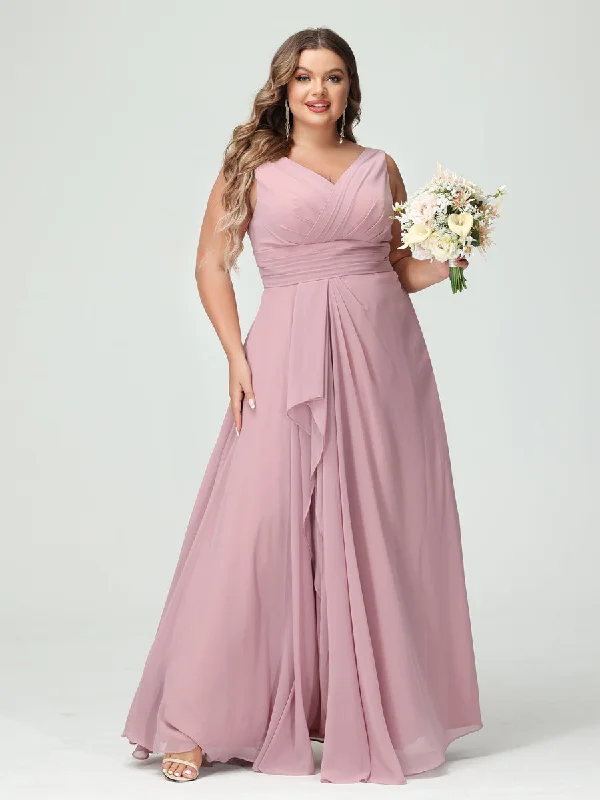 Buy More, Save More A-Line/Princess V-Neck Sleeveless Chiffon Ruffles Plus Size Bridesmaid Dresses with Pockets Flash Sale