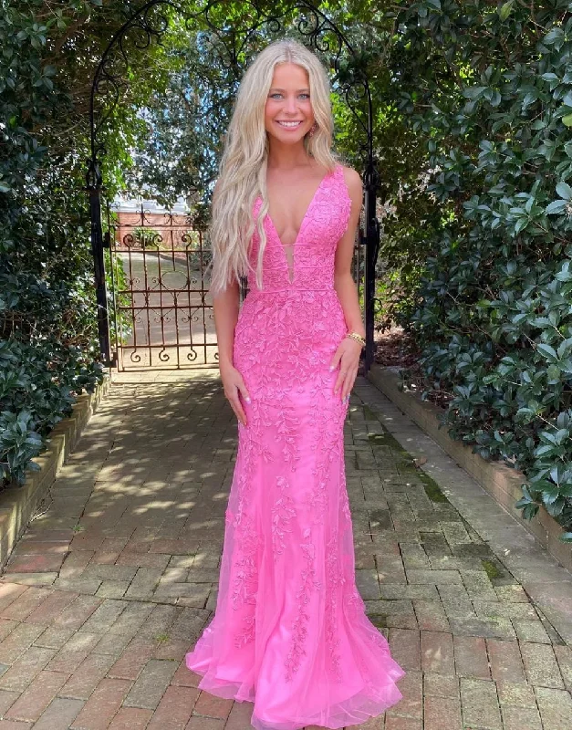 Get The Latest Trends Roycebridal Kallie |Hot Pink Mermaid Plunge V Neck Lace Prom Dress Today Only