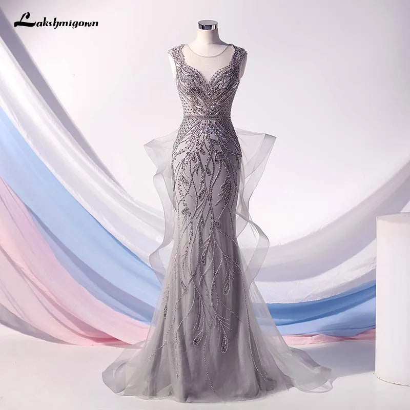 Premium Style Offers Roycebridal Lakshmigown Fashion Silver Rhinestones Mermaid Evening Dress Long Ruffles Tulle Beaded Evening Gown Robe De Soiree Formal Party Graceful Drape