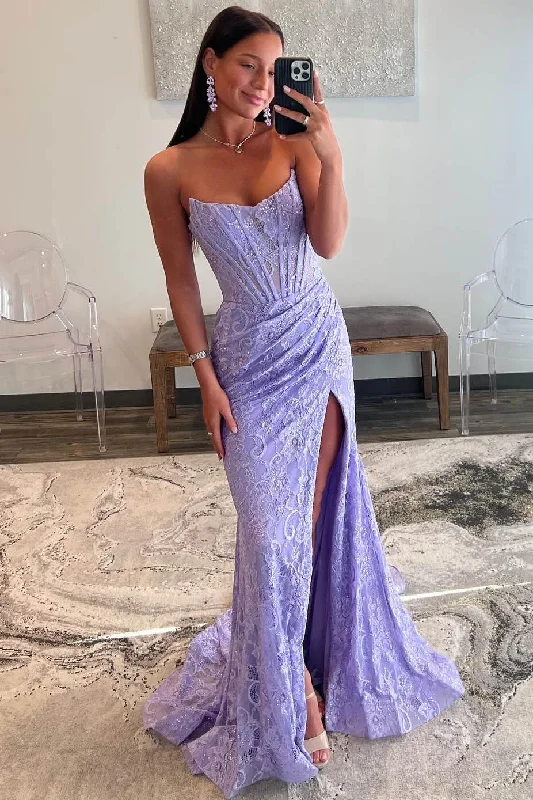 Discover Promotions Roycebridal Mandy | Lavender Strapless Lace Ruched Mermaid Prom Dress with Slit Big Savings on Minimalist Office Styles