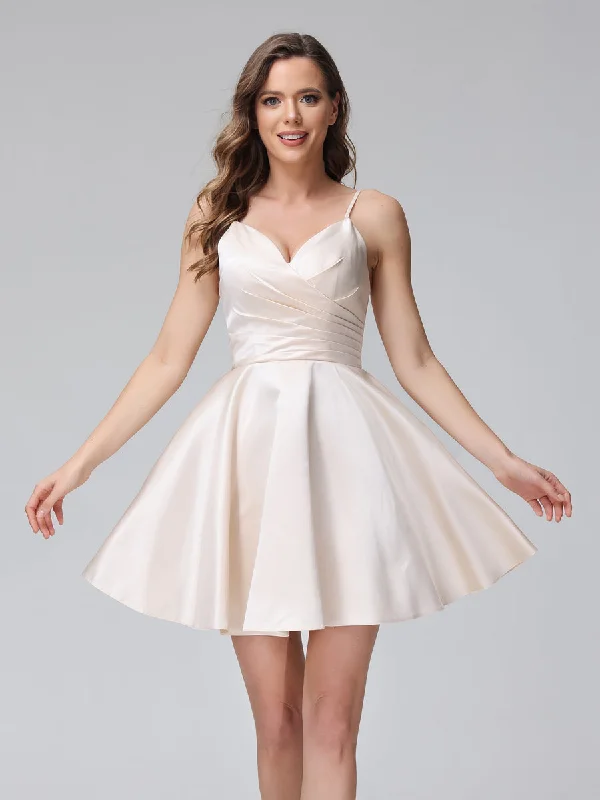 Hot Deals A-Line Sleeveless Satin Short Bridesmaid Dresses with Spaghetti Straps Feminine Grace