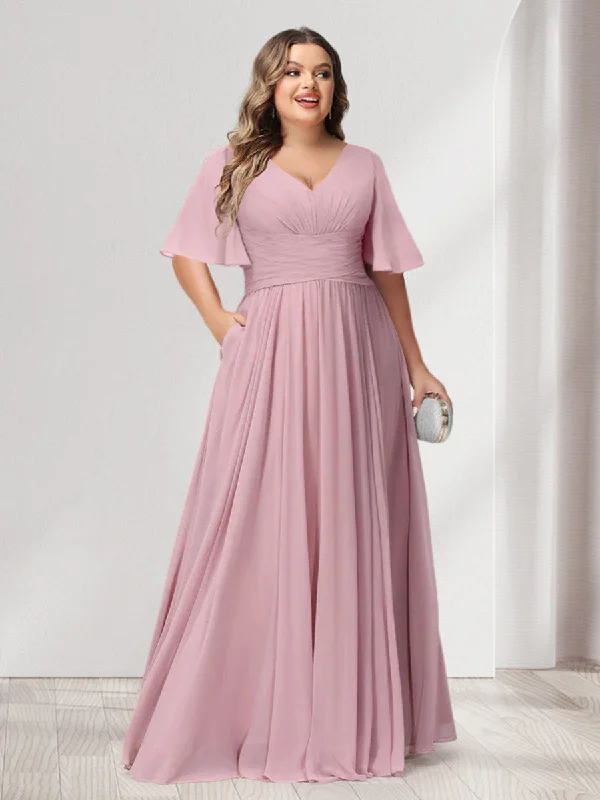 Step Ahead, Lead The Trend A-Line/Princess V-Neck Half Sleeves Chiffon Plus Size Bridesmaid Dresses with Pockets Urban Sophistication