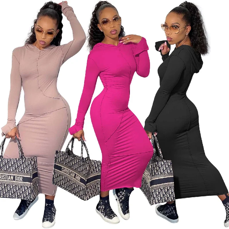 Mega Sales PDEP most popular fall long sleeve hoodies casual dress for women plus size cotton tight soild color sexy long dress for ladies Limited Quantities