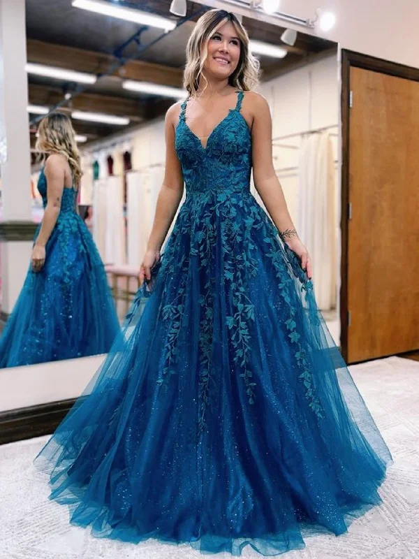 Fashion-Forward Roycebridal Veronica |A Line Ink Blue Glitter Tulle Lace Prom Dress Soft Textures