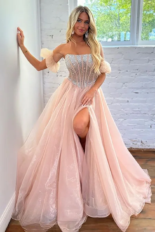 Snag Fabulous Fashion Bargains Roycebridal Brianna |A Line Strapless Blush Corset Organza Prom Dress Tropical Island - Inspired Attire