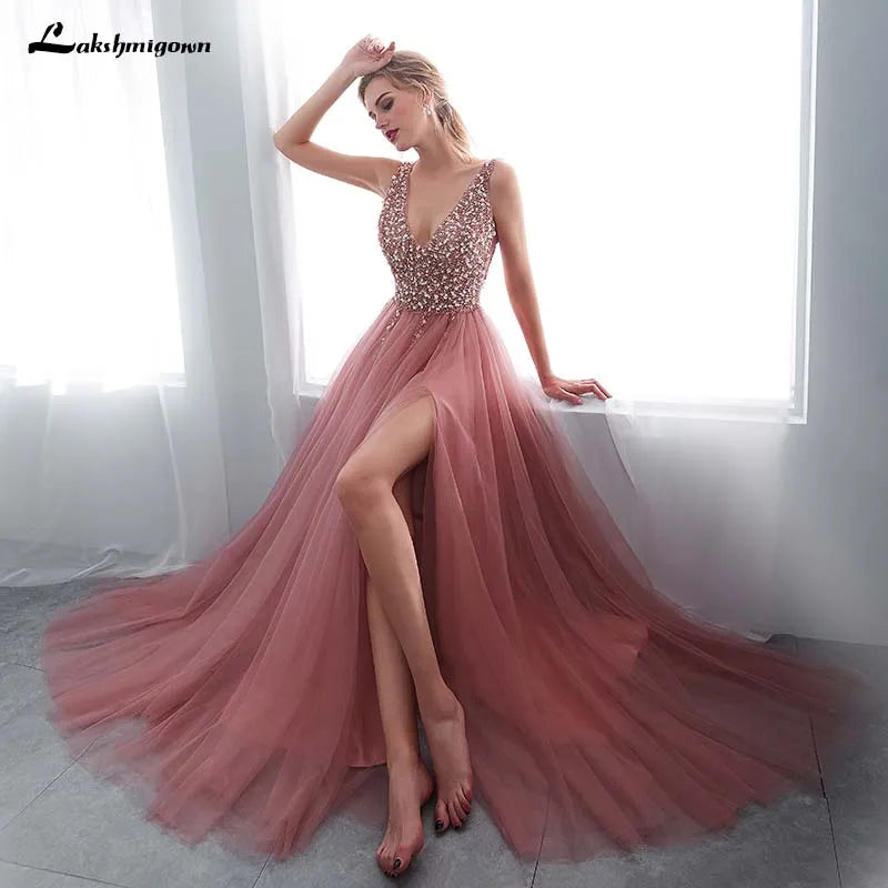 Limited-Time Offer Roycebridal Roycebridal In Stock V Neck Beading Evening Dress Back Lace Up Evening Dress With Slit Evening Gown Long Prom Dress Robe De Soiree Elegant Contour