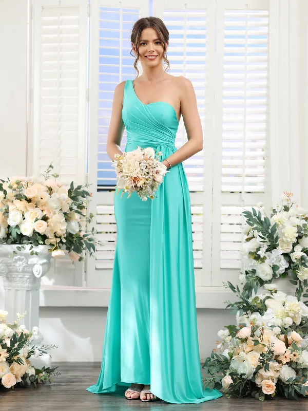 Unbeatable Prices Sheath/Column One-Shoulder Sleeveless Ruched Silk Satin Bridesmaid Dresses Refined Simplicity