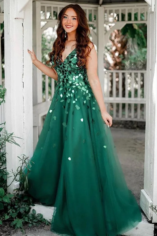 Casual Chic Deals Roycebridal Shelly | A-Line Green V-Neck Sequins Long Prom Dress Tropical Island - Inspired Attire