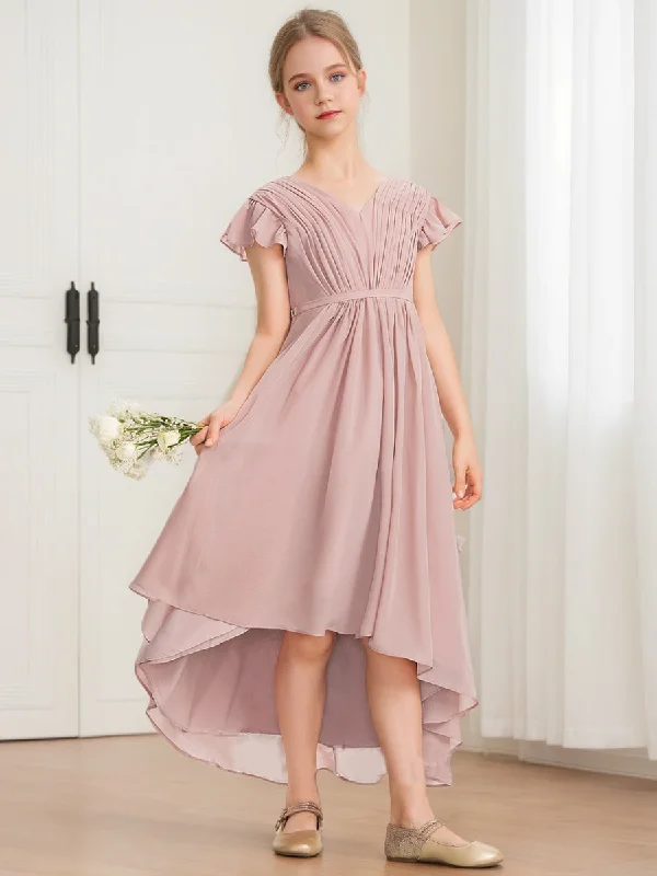 Evening Elegance A-Line/Princess V-Neck Short Sleeves Bow Junior Bridesmaid Dresses Feminine Soft - Hued Styles