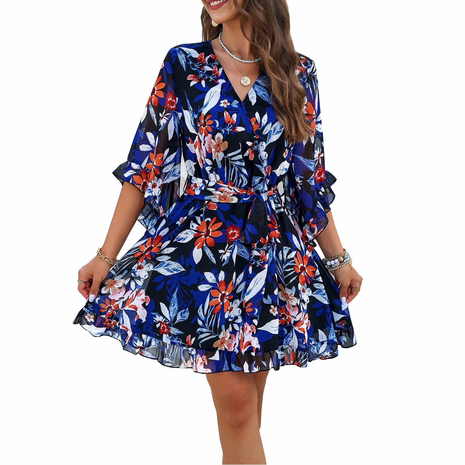 Shop The Hottest Deals Temperament V Neck Lace Splice Hollow Out Printing High Waist Casual Dress Women Summer New Big Swing Dress Mid - Week Surprise