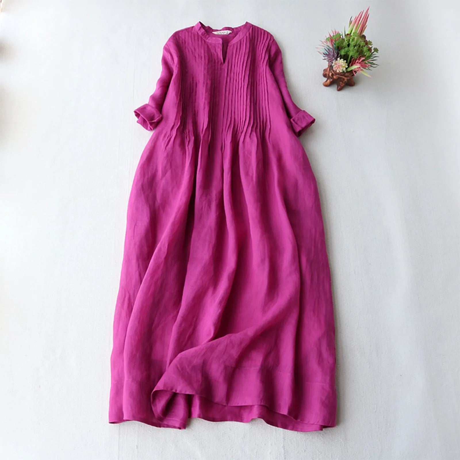 Comfort Meets Fashion JuliaFashion - 2024 Summer New Ladies Cotton Linen Fashion Women's Thin Ramie Elegant Organ Pleated Loose Flowy Short Sleeve Casual Dress Feminine Soft - Hued Styles