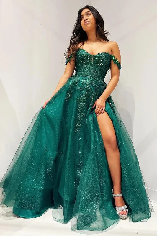 Limited-Time Offer Roycebridal Elliana | Glitter Emerald Appliques Off-the-Shoulder A-Line Long Prom Dress Refined Simplicity