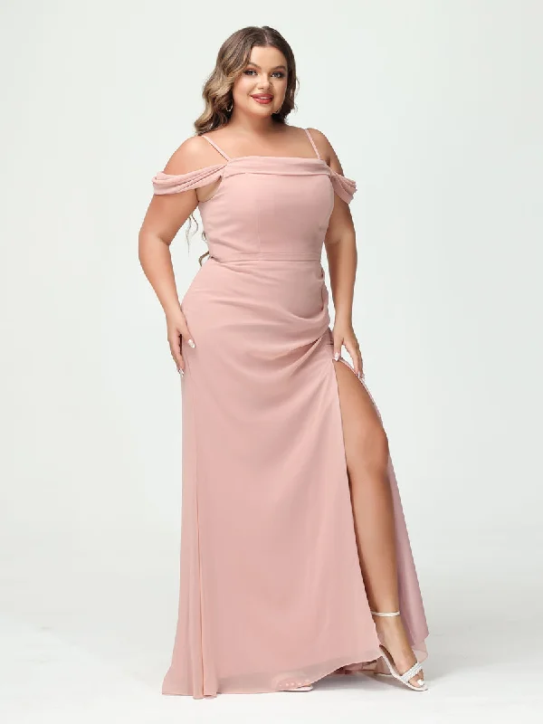 Summer Deals Sheath/Column Spaghetti Straps Off-the-Shoulder Chiffon Split Side Plus Size Bridesmaid Dresses Alluring Design