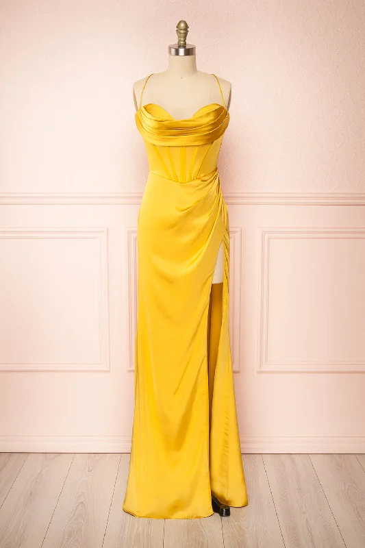 Contemporary Chic Promotions Kesha Yellow | Corset Cowl Neck Maxi Dress Seasonal Trend