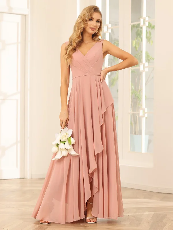 Shop The Hottest Deals A-Line/Princess V-Neck Asymmetrical Bridesmaid Dresses with Ruffles Charming Silhouette