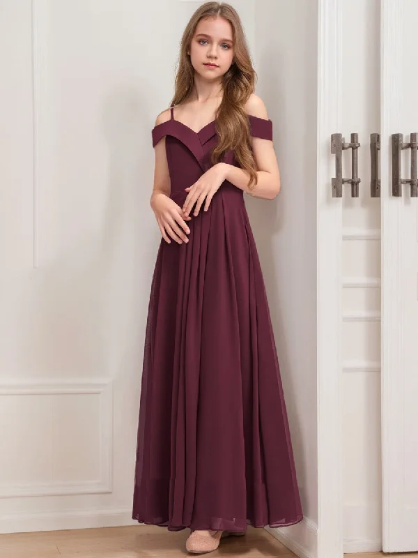 Stylish Deals A-Line/Princess Cold Shoulder Short Sleeves Pleats Junior Bridesmaid Dresses Anniversary Sale