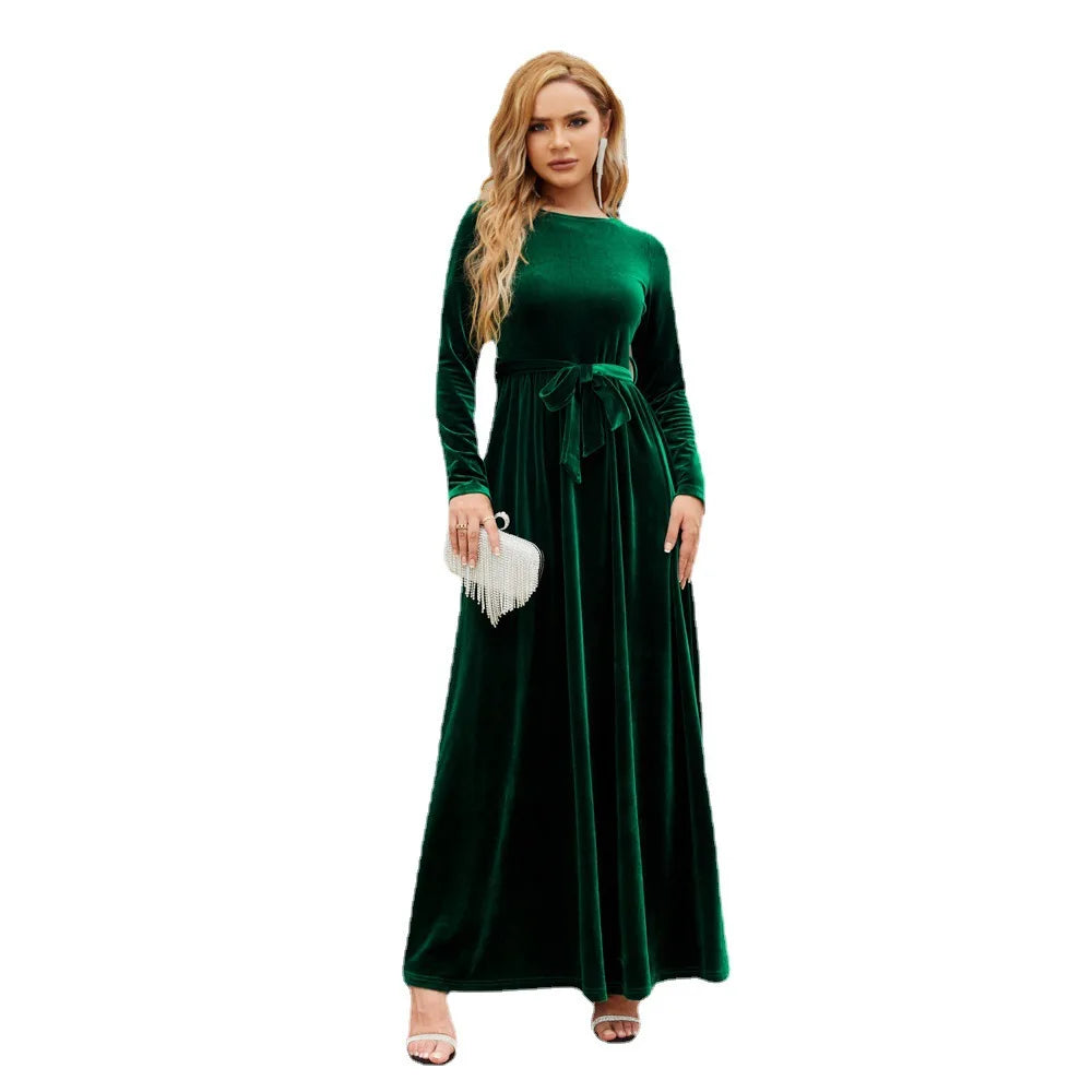 Fashion Forward Spring Autumn Hot Sale Velvet Full Sleeve Back Zipper Women Long Casual Dresses Belt Temperament Dress Feminine Soft - Hued Styles