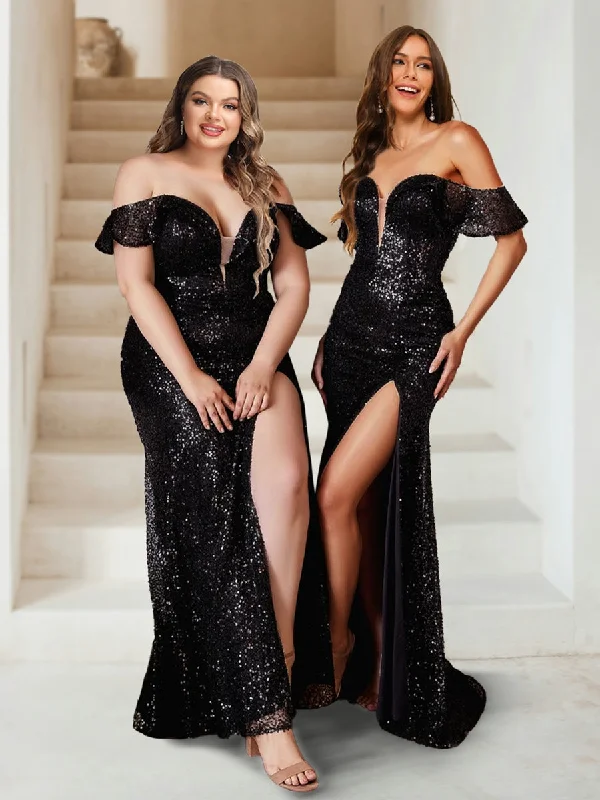 Latest Trends Sheath/Column Off-the-Shoulder Sequined Plus Size Bridesmaid Dresses with Split Side Weekend Special