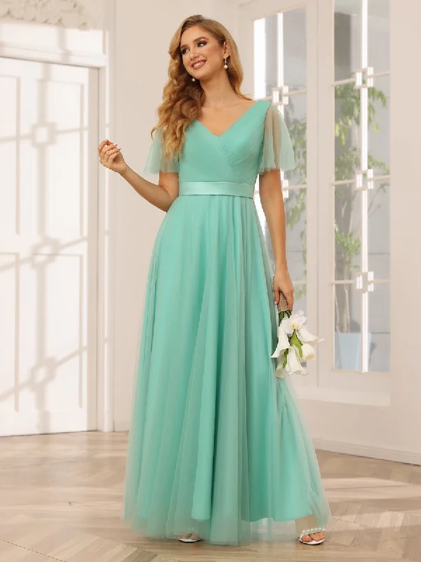 Feminine Luxe Style Sale A-Line/Princess Tulle Long Bridesmaid Dresses with Sleeves Today Only