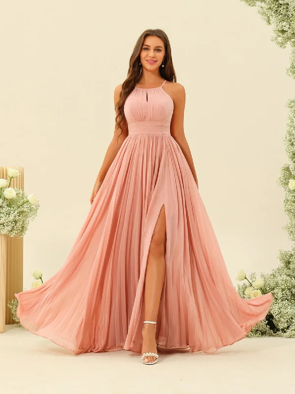 Cool Prices A-Line/Princess Halter Sleeveless Long Bridesmaid Dresses with Split Side & Ruffles Final Clearance