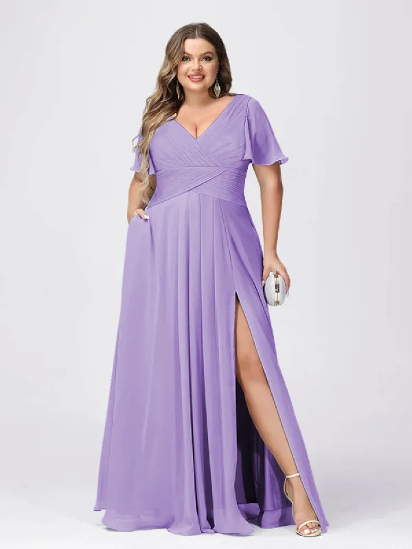 Unleash Your Style A Line/Princess V-Neck Short Sleeves Plus Size Bridesmaid Dresses with Split Side Refined Simplicity