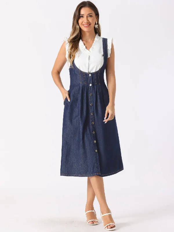 Hot Picks Suspender Dress Button Front Classic U Neck Overall Denim Midi Dress with Pockets Cottagecore Rustic Charm Style