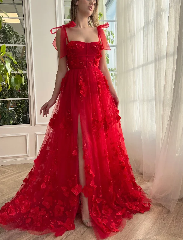 Classic Modern Offers Roycebridal Cameron | Scarlet Lace A-line 3D Flower Long Prom Dress With Slit Chic Urban Fashion Look