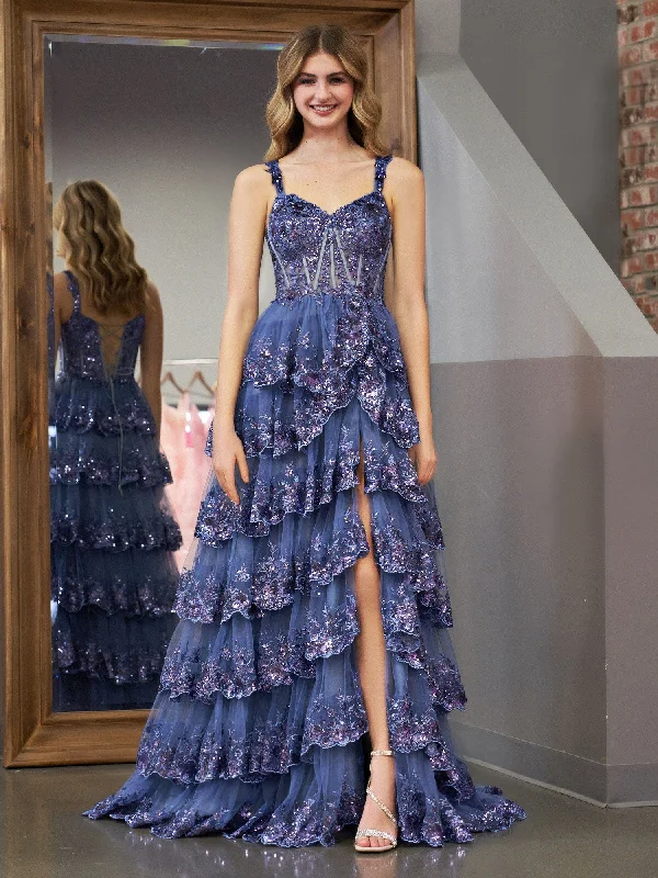 Chic Trend Collection Roycebridal Grey Blue Princess A Line Off the Shoulder Corset Prom Dress with Lace Ruffles Score Big on Glamorous Red - Carpet Styles