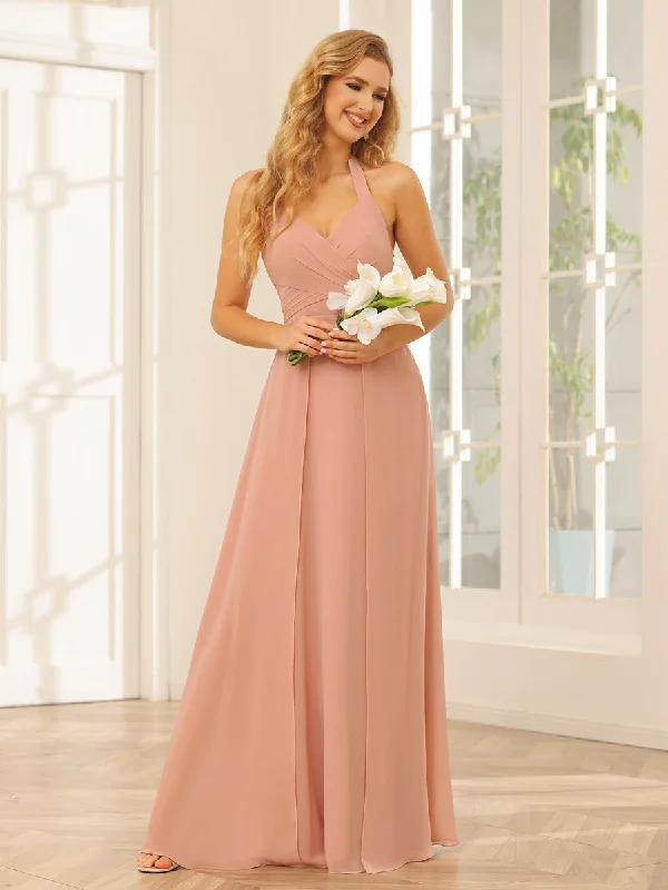 Limited Time Special Offer A-Line/Princess Halter Long Bridesmaid Dresses with Split Side Celebrate with Big Savings