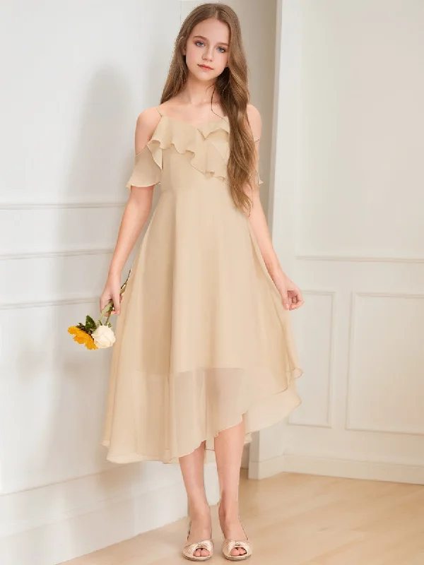 Casual Chic Deals A-Line/Princess Cold Shoulder Short Sleeves Ruffles Junior Bridesmaid Dresses Save on Inspired Styles